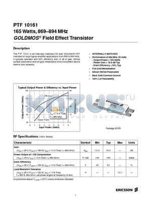 PTF10161 datasheet - 165 Watts, 869-894 MHz GOLDMOS Field Effect Transistor