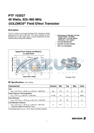 PTF102027 datasheet - 40 Watts, 925-960 MHz GOLDMOS Field Effect Transistor