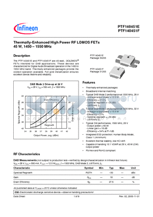 PTF140451E datasheet - Thermally-Enhanced High Power RF LDMOS FETs 45 W, 1450 - 1550 MHz