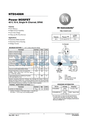 NTD5406N datasheet - Power MOSFET 40 V, 70 A, Single N−Channel, DPAK