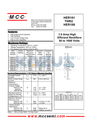 HER106 datasheet - 1.0 Amp High Efficient Rectifiers 50 to 1000 Volts