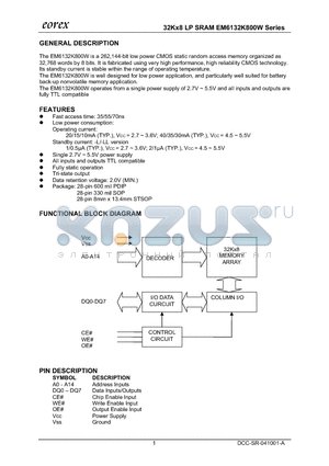 EM6132K1600VFA-70 datasheet - 32Kx8 LP SRAM