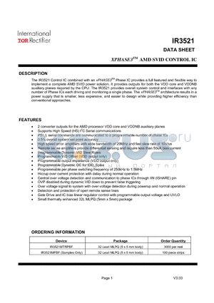 IR3521 datasheet - XPHASE3TM AMD SVID CONTROL IC