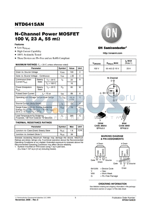 NTD6415ANT4G datasheet - N-Channel Power MOSFET 100 V, 23 A, 55 mY
