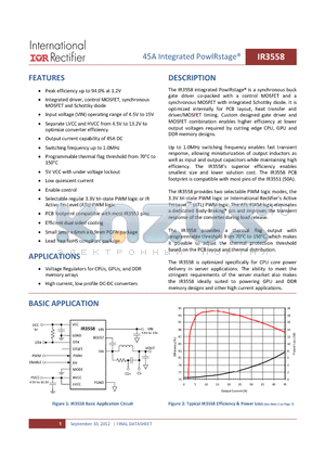 IR3558 datasheet - The IR3558 integrated PowIRstage^ is a synchronous buck gate driver co-packed with a control MOSFET and a synchronous MOSFET with integrated Schottky diode.
