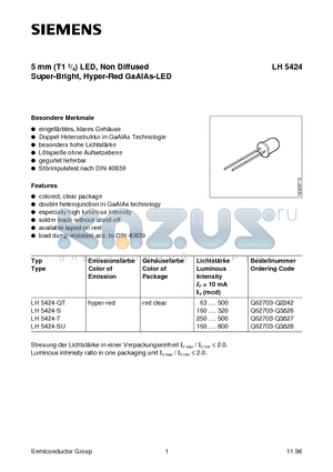 LH5424-SU datasheet - 5 mm T1 3/4 LED, Non Diffused Super-Bright, Hyper-Red GaAIAs-LED