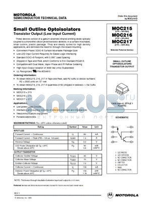 MOC215 datasheet - SMALL OUTLINE OPTOISOLATORS TRANSISTOR OUTPUT
