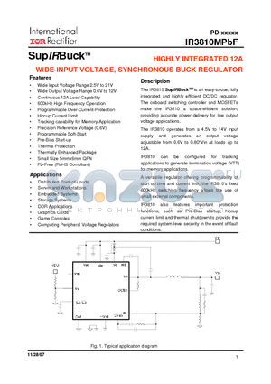 IR3810MPBF datasheet - HIGHLY INTEGRATED 12A WIDE-INPUT VOLTAGE, SYNCHRONOUS BUCK REGULATOR