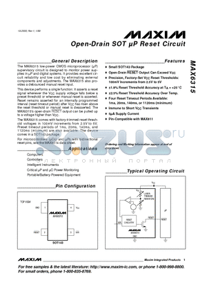 MAX6315US25D3-T datasheet - Open-Drain SOT lP Reset Circuit