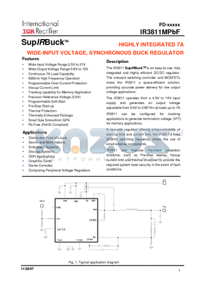 IR3811MPBF datasheet - HIGHLY INTEGRATED 7A WIDE-INPUT VOLTAGE, SYNCHRONOUS BUCK REGULATOR