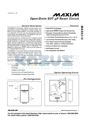 MAX6315US26D3-T datasheet - Open-Drain SOT lP Reset Circuit