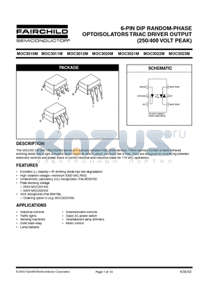 MOC3010SVM datasheet - 6-PIN DIP RANDOM-PHASE OPTOISOLATORS TRIAC DRIVER OUTPUT (250/400 VOLT PEAK)