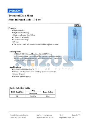 IR383 datasheet - Technical Data Sheet 5mm Infrared LED , T-1 3/4