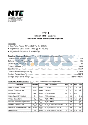 NTE10 datasheet - Silicon NPN Transistor UHF Low Noise Wide.Band Amplifier