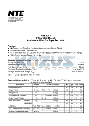 NTE1043 datasheet - Integrated Circuit Audio Amplifier for Tape Recorder