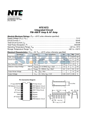 NTE1072 datasheet - Integrated Circuit FM-AM IF Amp & AF Amp
