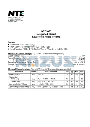 NTE1085 datasheet - Integrated Circuit Low Noise Audio Preamp