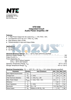 NTE1098 datasheet - Integrated Circuit Audio Power Amplifier, 5W