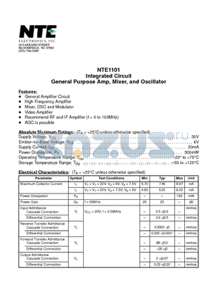 NTE1101 datasheet - Integrated Circuit General Purpose Amp, Mixer, and Oscillator