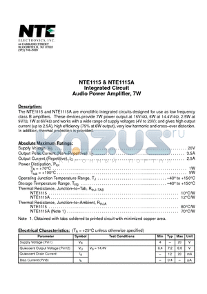 NTE1115 datasheet - Integrated Circuit Audio Power Amplifier, 7W