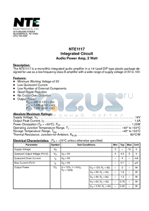 NTE1117 datasheet - Integrated Circuit Audio Power Amp, 2 Watt