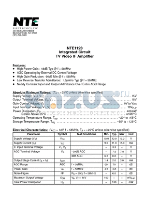 NTE1128 datasheet - Integrated Circuit TV Video IF Amplifier