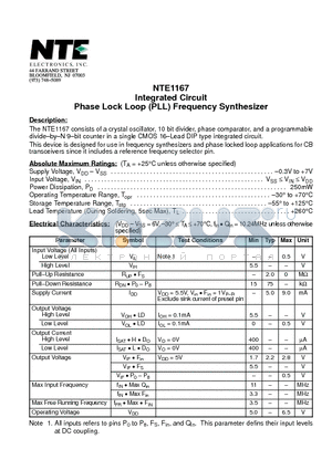 NTE1167 datasheet - Integrated Circuit Phase Lock Loop(PLL) Frequency Synthesizer