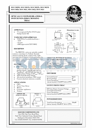 MOC3022 datasheet - OPTICALLY COUPLED BILATERAL SWITCH NON-ZERO CROSSING TRIAC