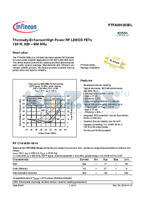 PTFA091203EL datasheet - Thermally-Enhanced High Power RF LDMOS FETs 120 W, 920-960 MHz