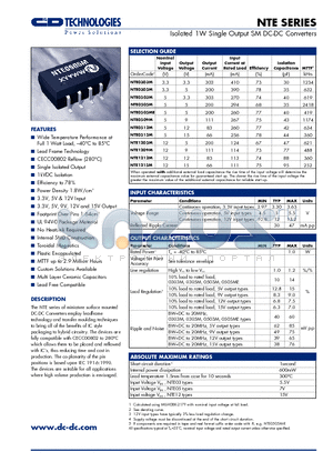 NTE1205M datasheet - Isolated 1W Single Output SM DC/DC Converters