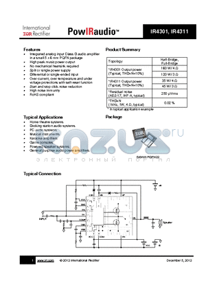 IR4301 datasheet - Integrated analog input Class D audio amplifier in a small 5 x 6 mm PQFN package