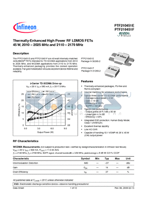 PTFA210451E datasheet - Thermally-Enhanced High Power RF LDMOS FETs 45 W, 2010  2025 MHz and 2110  2170 MHz