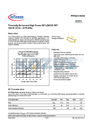 PTFA211801E_11 datasheet - Thermally-Enhanced High Power RF LDMOS FET 180 W, 2110-2170 MHz