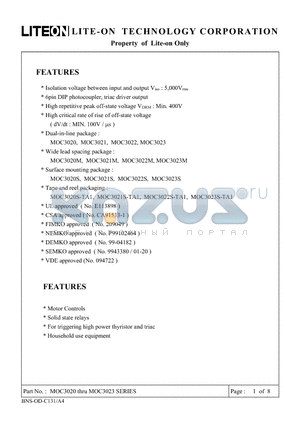 MOC3023 datasheet - 6pin DIP photocoupler, triac driver output