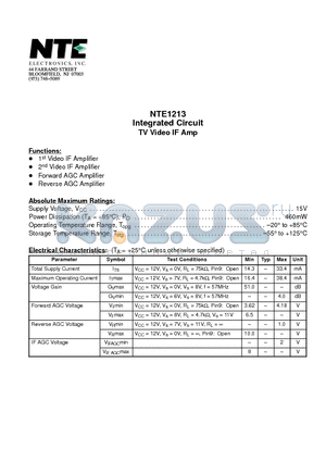 NTE1213 datasheet - Integrated Circuit TV Video IF Amp