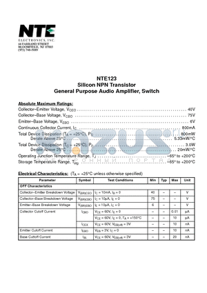 NTE123 datasheet - Silicon NPN Transistor General Purpose Audio Amplifier, Switch