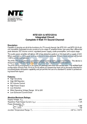 NTE1231 datasheet - Integrated Circuit Complete 4 Watt TV Sound Channel