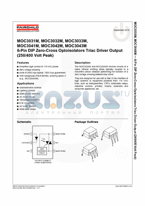 MOC3031M datasheet - 6-Pin DIP Zero-Cross Optoisolators Triac Driver Output (250/400 Volt Peak)