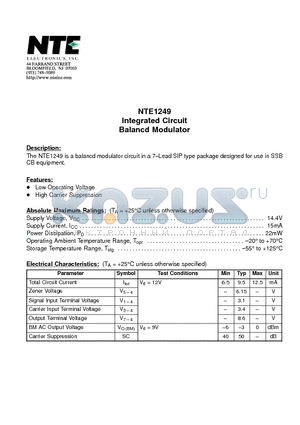 NTE1249 datasheet - Integrated Circuit Balancd Modulator