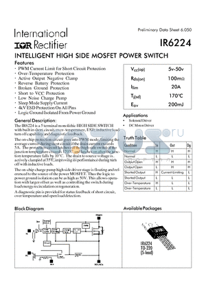IR6224 datasheet - INTELLIGENT HIGH SIDE MOSFET POWER SWITCH