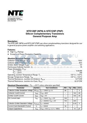 NTE128P datasheet - Silicon Complementary Transistors General Purpose Amp