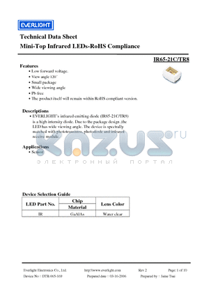 IR65-21C/TR8 datasheet - Mini-Top Infrared LEDs-RoHS Compliance