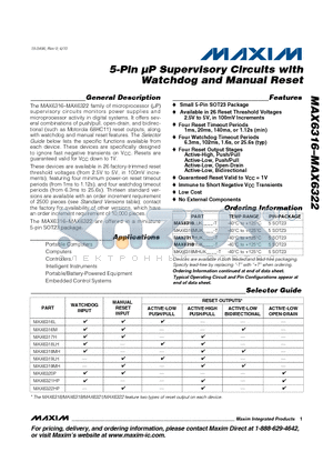 MAX6320PUK-T datasheet - 5-Pin lP Supervisory Circuits with Watchdog and Manual Reset