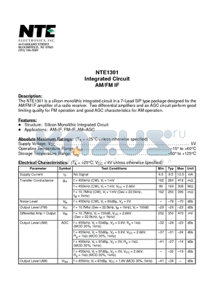 NTE1301 datasheet - Integrated Circuit AM/FM IF