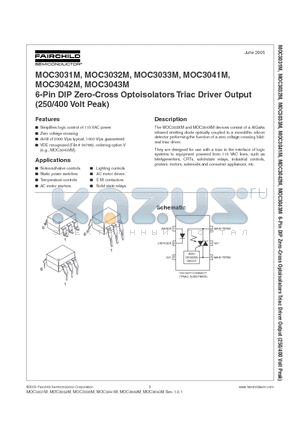 MOC3043TVM datasheet - 6-PIN DIP ZERO-CROSS OPTOISOLATORS TRIAC DRIVER OUTPUT (250/400 VOLT PEAK)