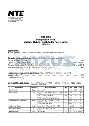 NTE1359 datasheet - Integrated Circuit Module, Hybrid, Dual Audio Power Amp, 22W/Ch