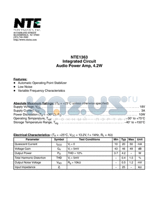 NTE1363 datasheet - Integrated Circuit Audio Power Amp, 4.2W