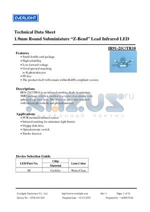 IR91-21C-TR10 datasheet - 1.9mm Round Subminiature Z-Bend Lead Infrared LED