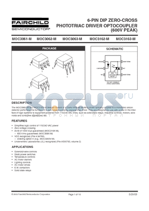 MOC3061 datasheet - 6-PIN DIP ZERO-CROSS PHOTOTRIAC DRIVER OPTOCOUPLER (600V PEAK)