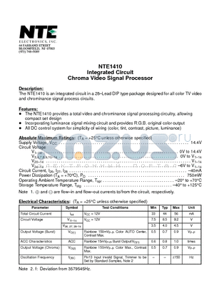 NTE1410 datasheet - Integrated Circuit Chroma Video Signal Processor